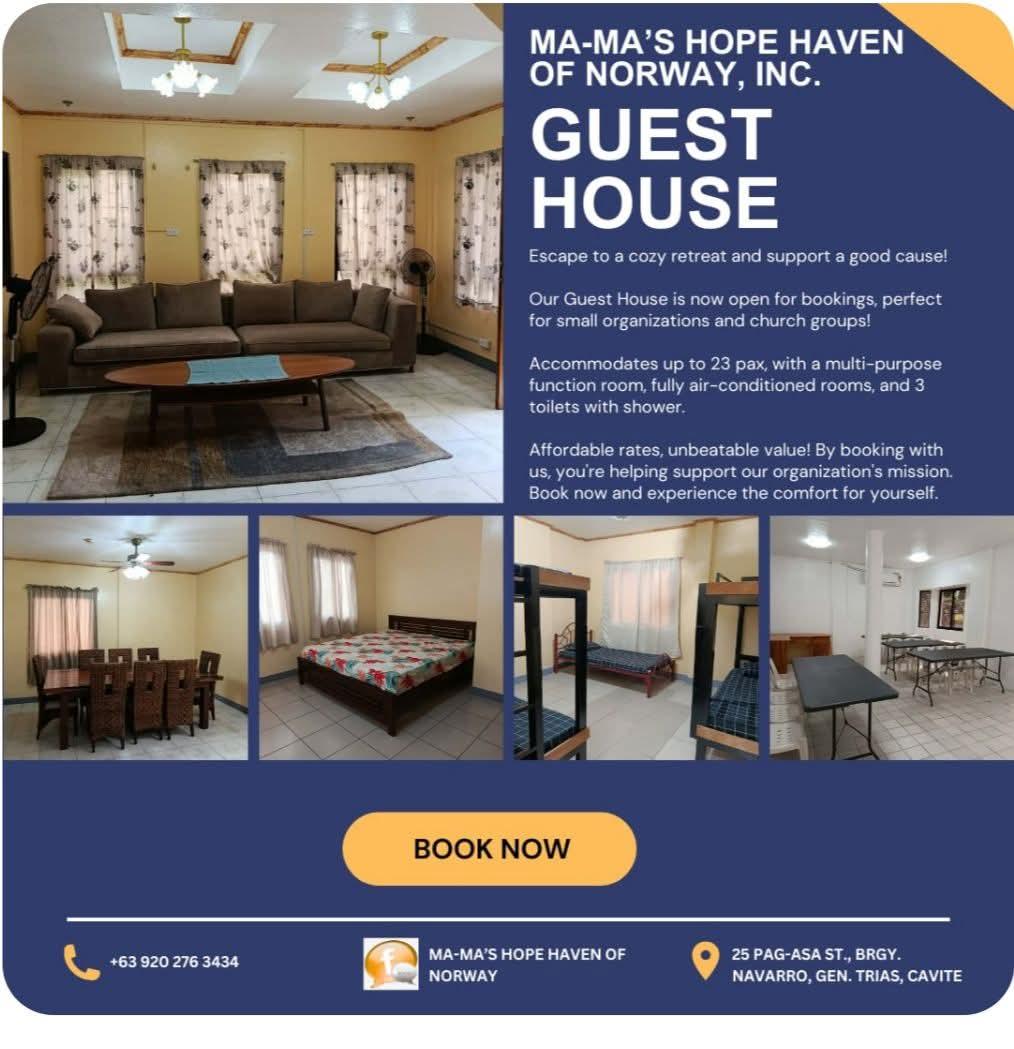 Photo collage of the guest house: a sitting room, bedrooms and a dining area